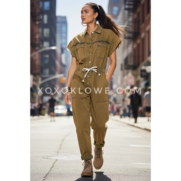 POL Olive Denim Short Sleeve JumpsuitMineral Wash Utility